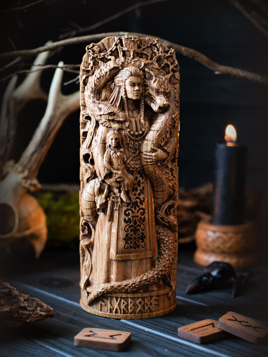Full view of the Angrboda statue from the front, highlighting its dimensions and detailed craftsmanship against a plain background.