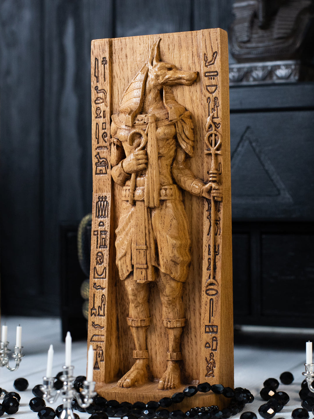 Egyptian God Anubis, Wooden statue, for Pagan Altar kit