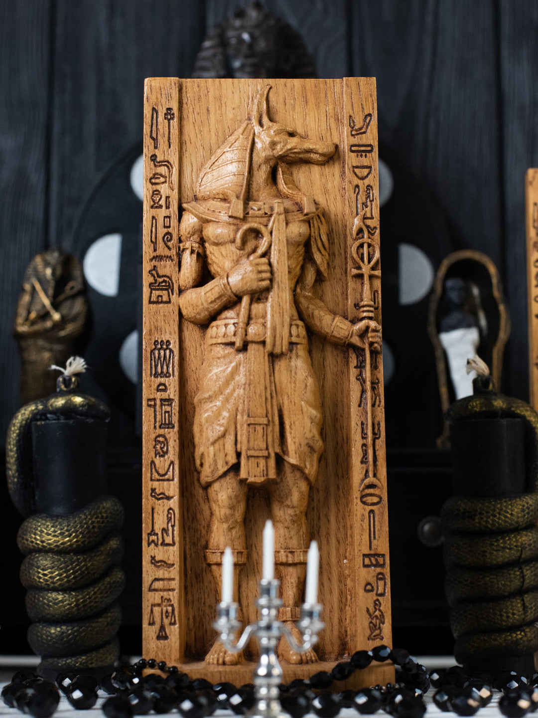 Egyptian God Anubis, Wooden statue, for Pagan Altar kit