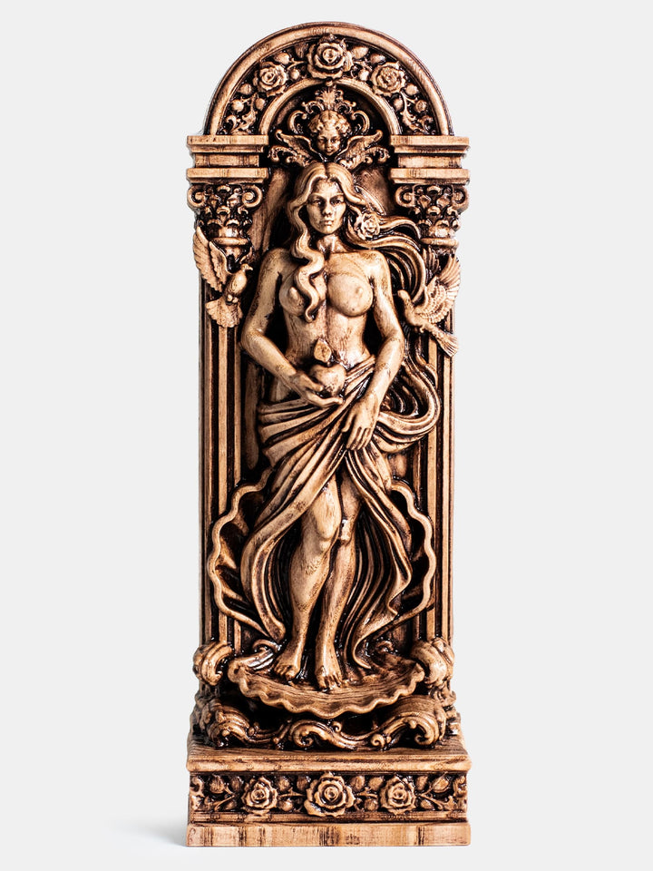 Aphrodite statue carved from ash wood with doves, roses, golden apple and Cupid in Greek mythology design