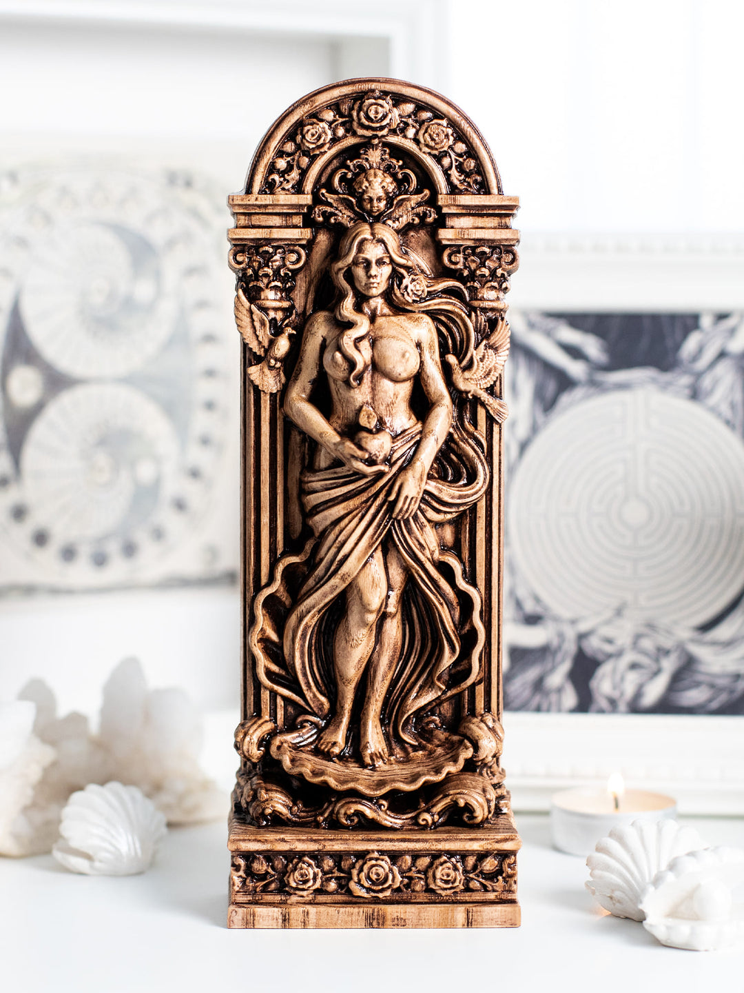 Hand-carved Aphrodite statue in natural ash wood featuring sea foam, doves and floral Greek goddess symbolism