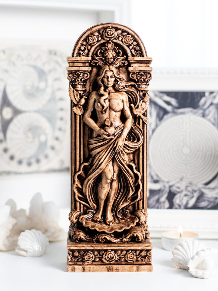 Hand-carved Aphrodite statue in natural ash wood featuring sea foam, doves and floral Greek goddess symbolism