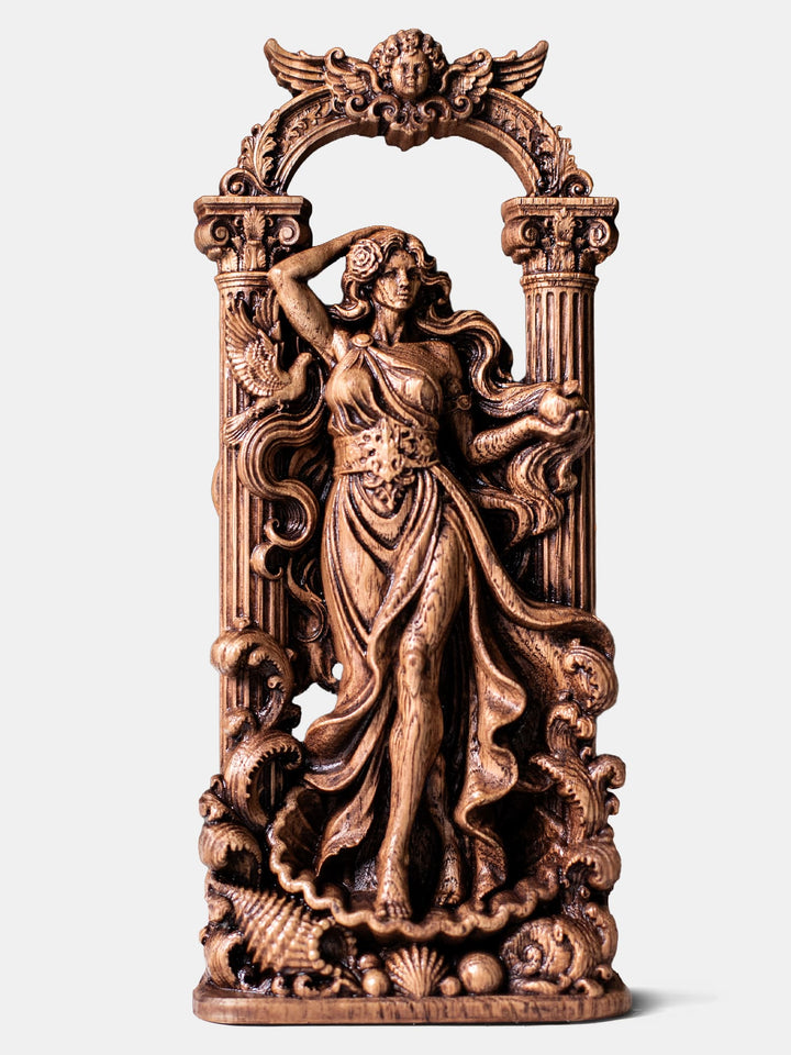 Aphrodite statue hand carved from oak wood featuring seashell, dove, golden apple and Cupid in Greek mythology decor
