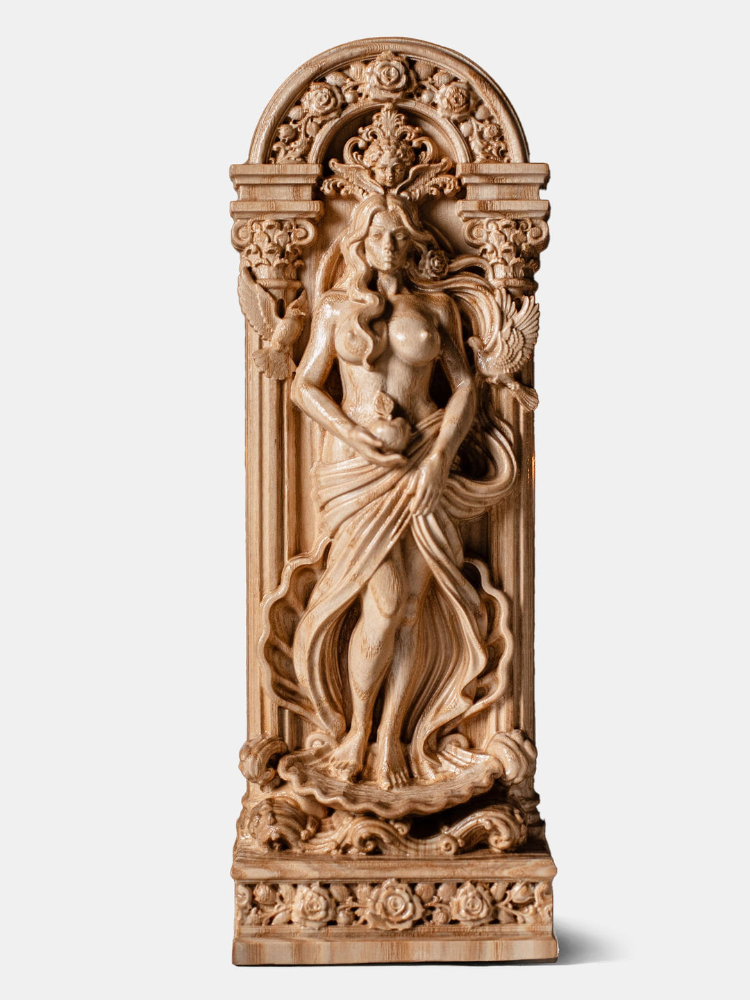 Aphrodite statue carved from ash wood with doves, roses, golden apple and Cupid in Greek mythology design