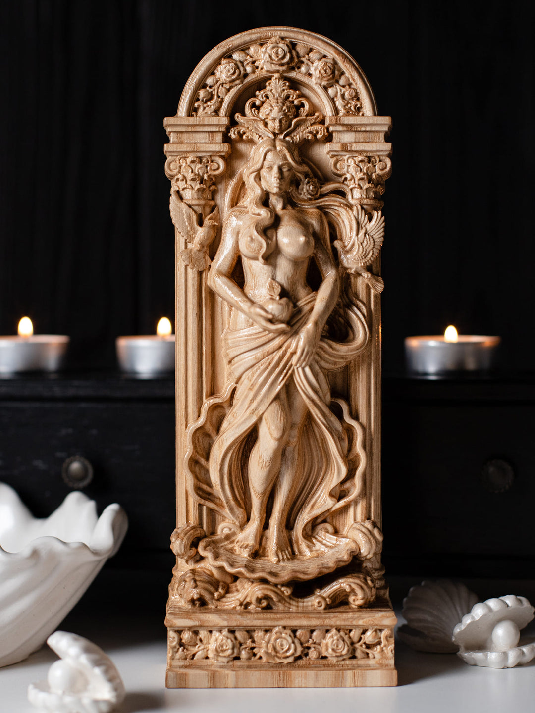 Hand-carved Aphrodite statue in natural ash wood featuring sea foam, doves and floral Greek goddess symbolism