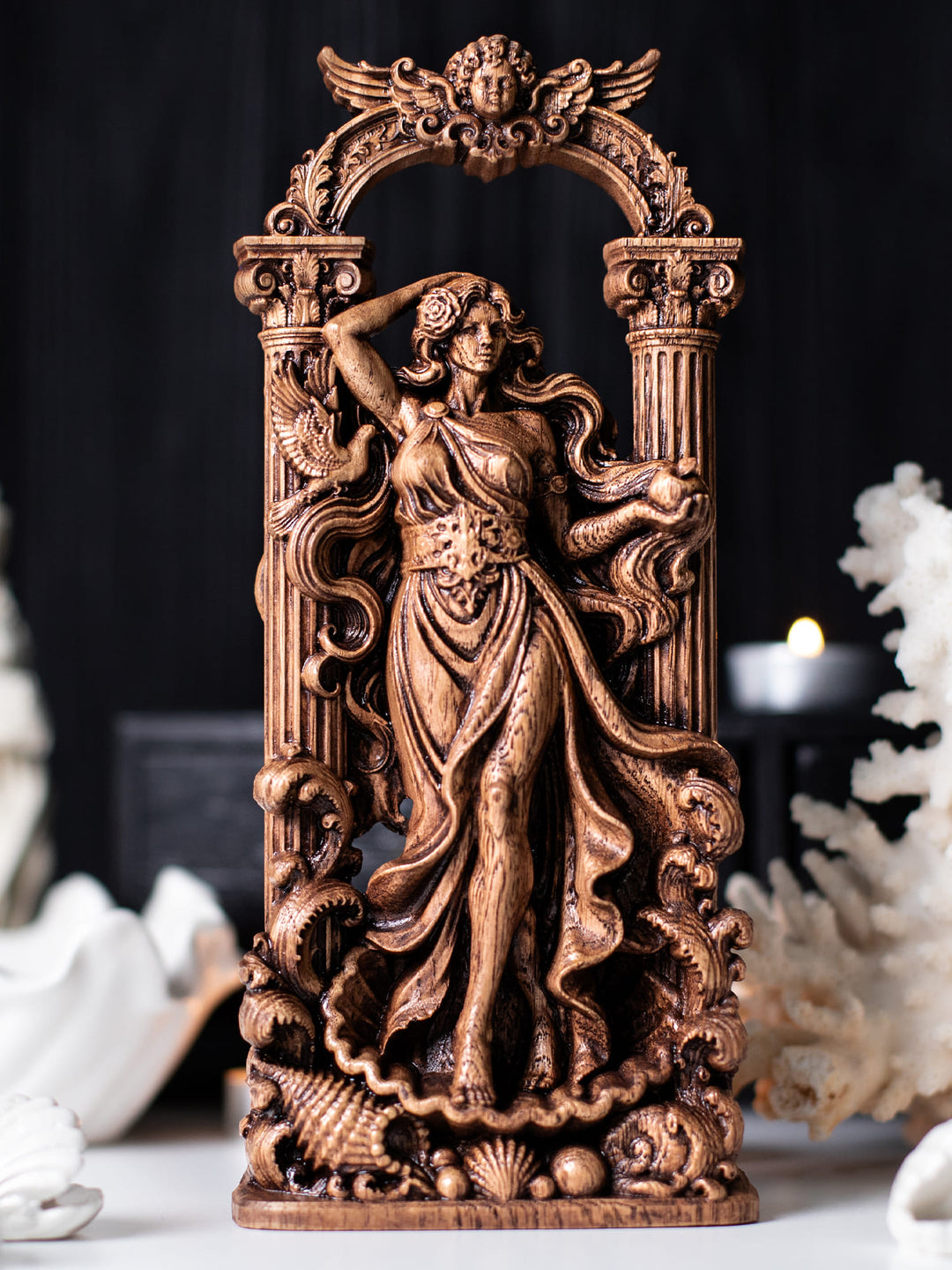 Wooden Aphrodite statue with sea foam, roses, dove and Cupid arch, Greek goddess of love and beauty figurine