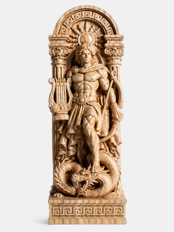 Apollo statue featuring lyre, bow, sun halo and serpent inspired by Greek mythology and Hellenic polytheism.