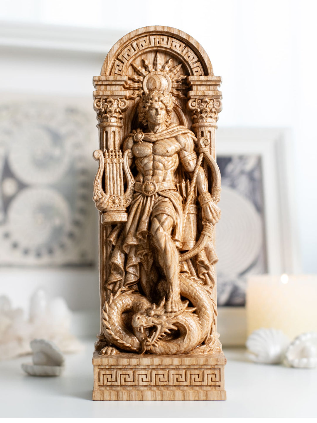 Wooden Apollo wall hanging sculpture with Greek columns, solar symbolism and ancient Greek art details.