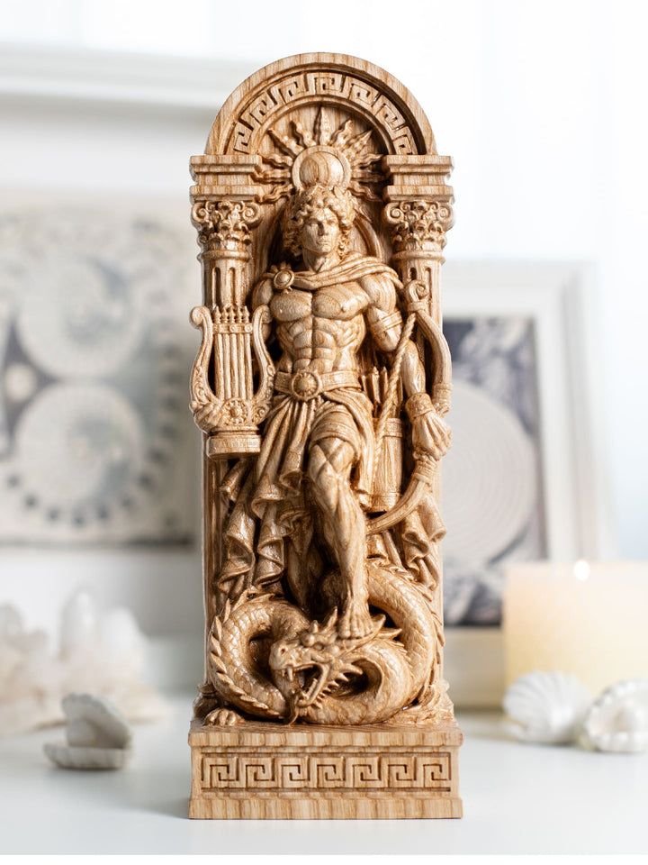 Wooden Apollo wall hanging sculpture with Greek columns, solar symbolism and ancient Greek art details.