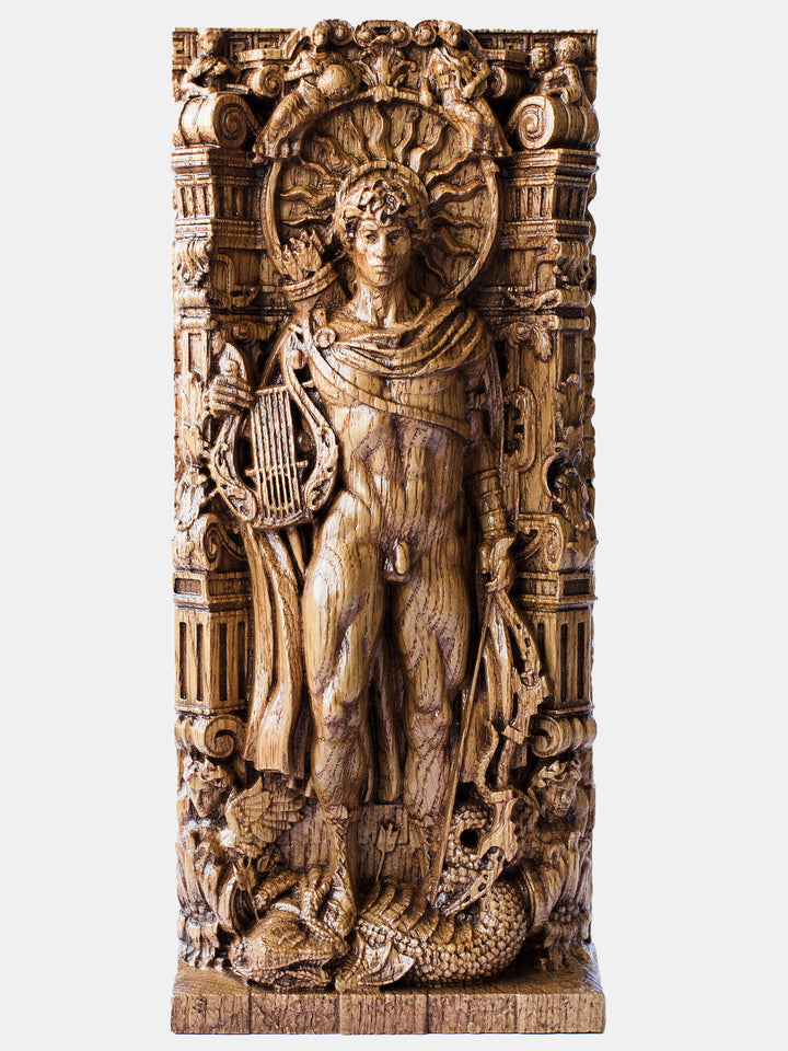 Close-up of the handcrafted oak Apollo naked statue, showcasing detailed carvings of the nine muses and a musical lyre.