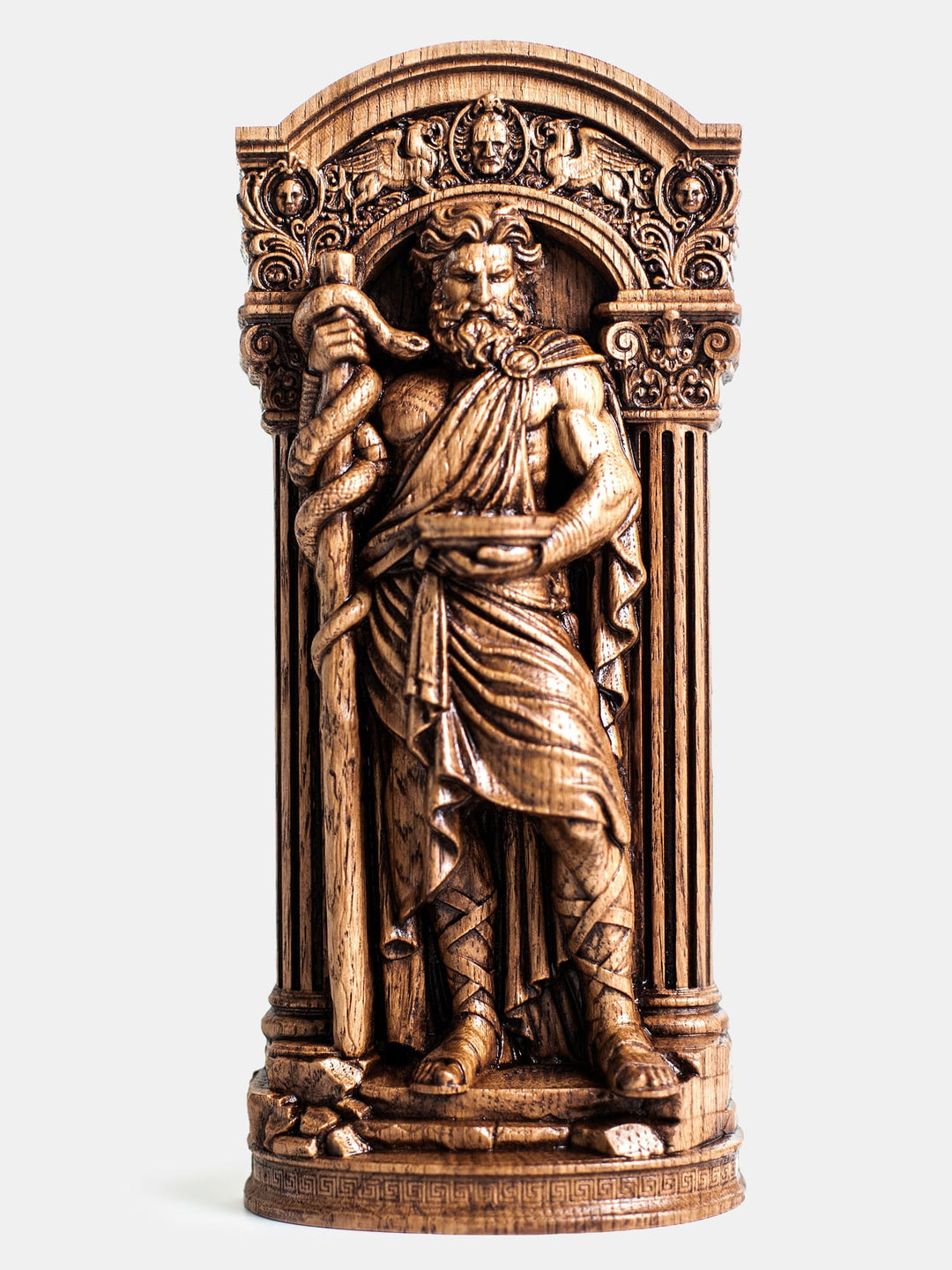 Asclepius statue wooden wall hanging featuring the Rod of Asclepius and Greek mythology symbolism