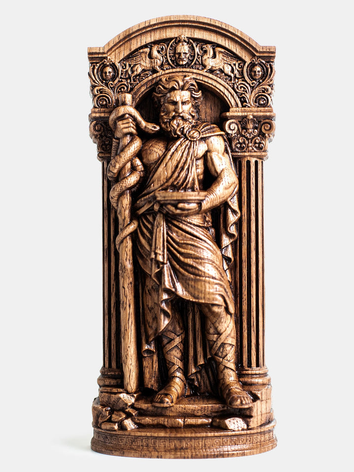 Asclepius statue wooden wall hanging featuring the Rod of Asclepius and Greek mythology symbolism