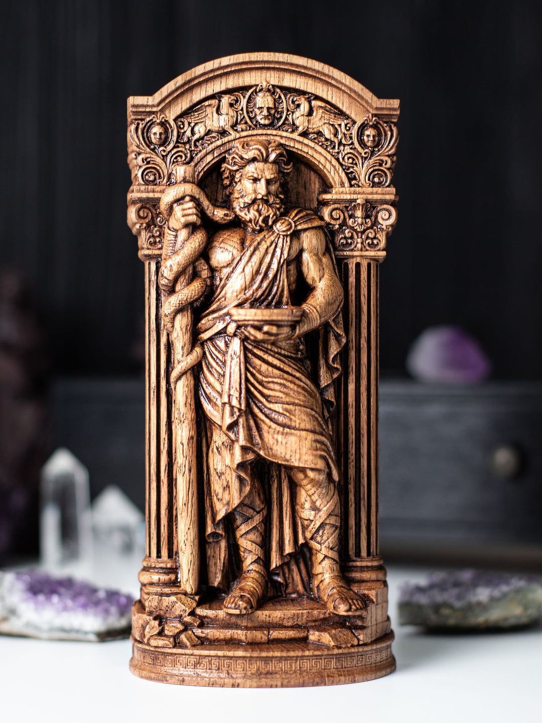 Handcrafted Asclepius statue for medical office decor inspired by ancient Greek art and healing traditions