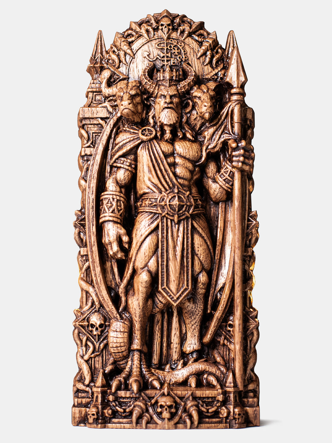 Asmodeus statue carved from natural wood depicting the Demon King of Ars Goetia with occult symbolism and gothic altar decor
