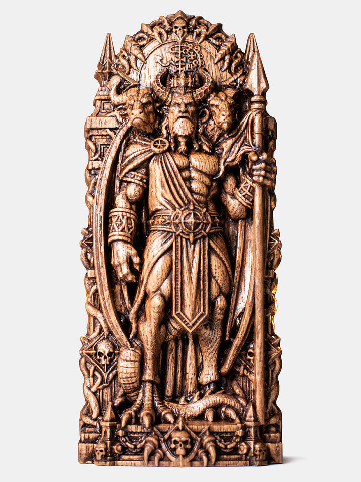 Asmodeus statue carved from natural wood depicting the Demon King of Ars Goetia with occult symbolism and gothic altar decor