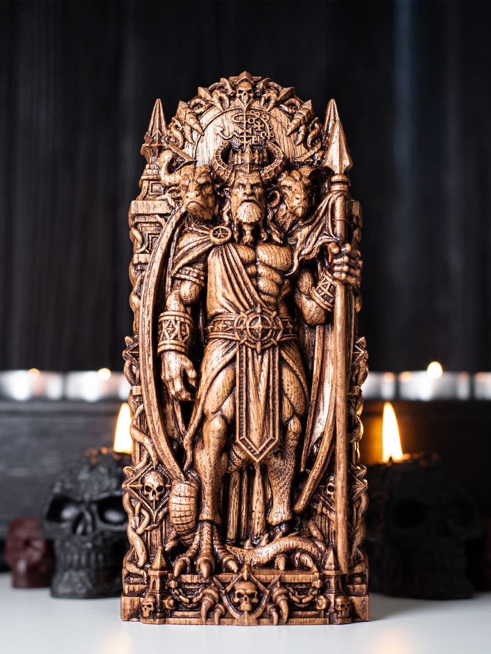 King Asmodeus wood carving for occult practice, shadow work, witchcraft altar, and gothic home decoration