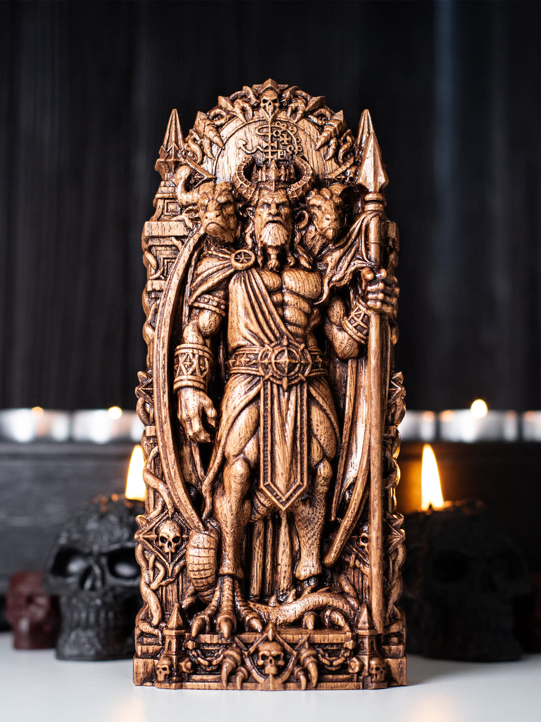 King Asmodeus wood carving for occult practice, shadow work, witchcraft altar, and gothic home decoration