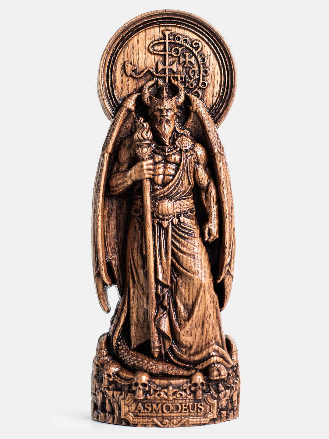 Hand carved Asmodeus demon king wooden statue for occult altar, gothic home decor, and shadow work space.