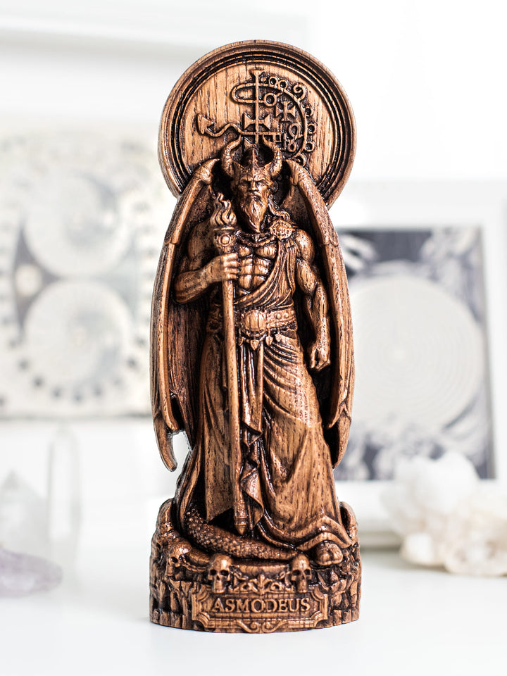 Handmade oak wood Asmodeus statue with antique patina for dark art collection, witchy gift, and esoteric decor.