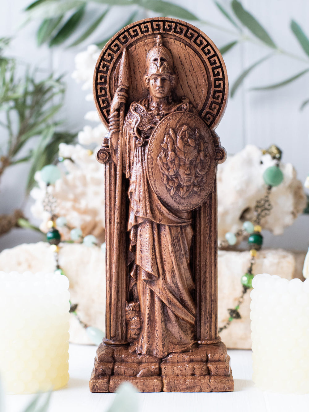 Full view of the Athena statue from the front, highlighting its dimensions and intricate design, featuring a spear and the Aegis.