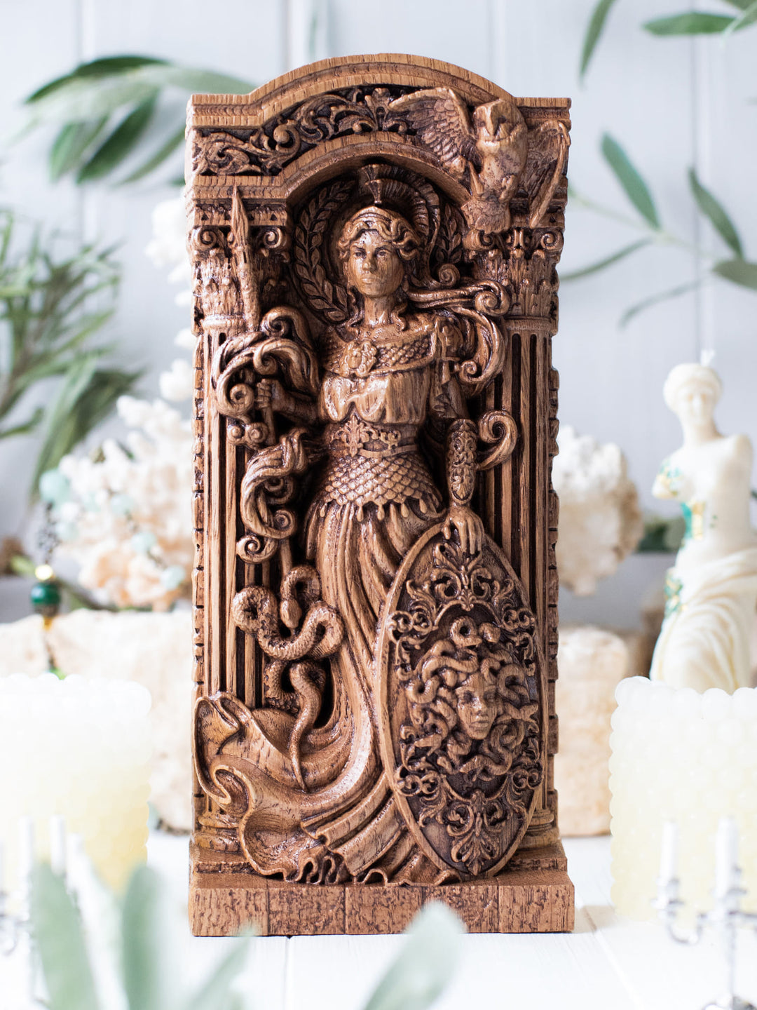 Full view of the Athena statue from the front, highlighting its dimensions and intricate design, featuring a Medusa shield and a laurel wreath.