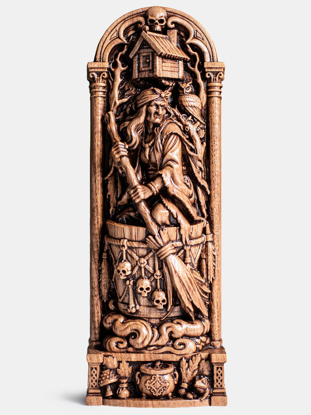 Handmade oak wood Baba Yaga figure with antique patina for witchy gifts, folklore collections, and gothic spiritual decor.