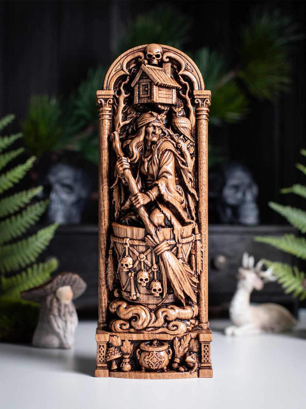 Baba Yaga wooden statue inspired by Slavic folklore for witchcraft altar, pagan decor, and dark cottagecore home styling.