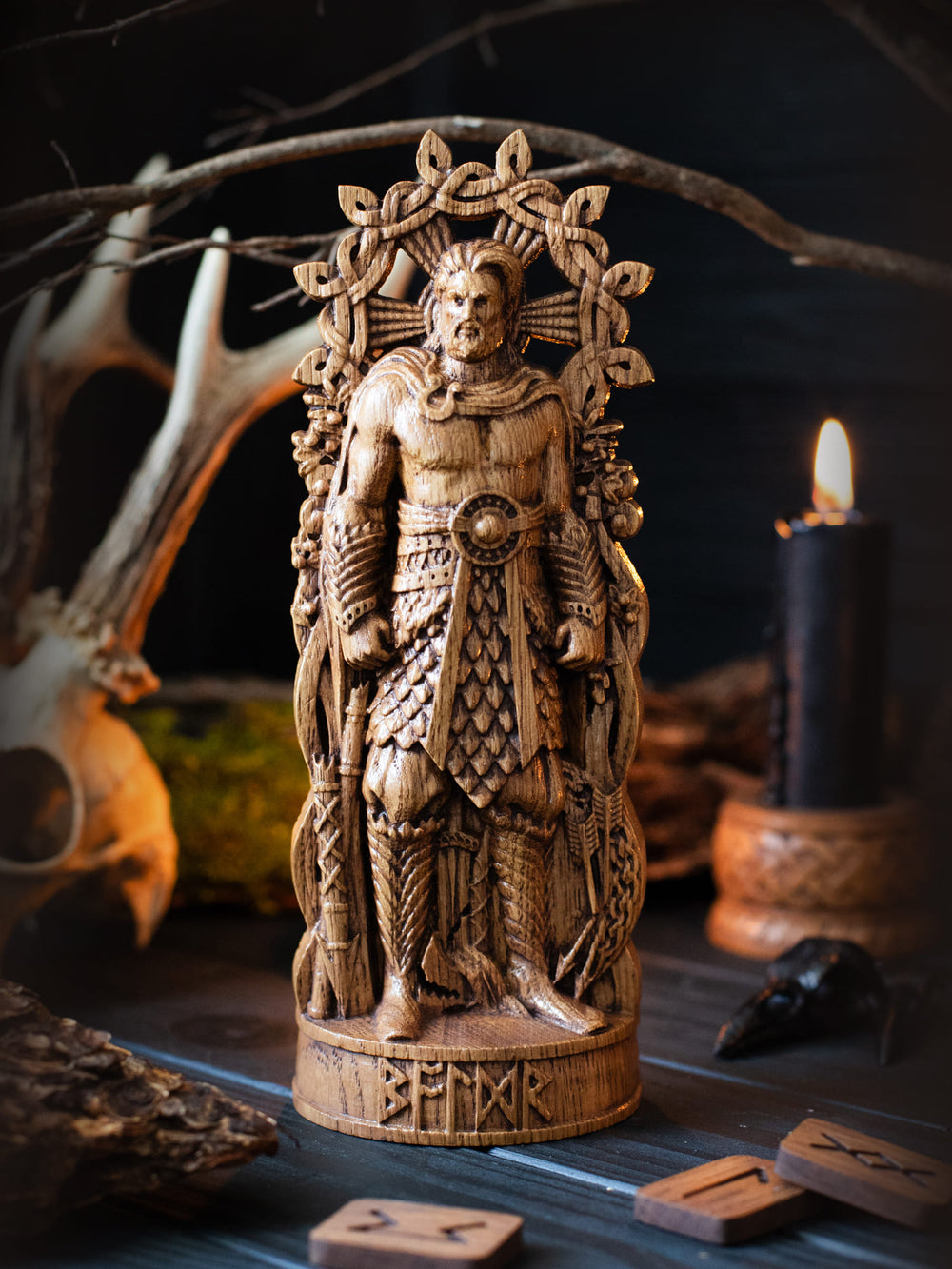 Full view of the Baldr statue from the front, highlighting its dimensions and intricate design against a plain background.