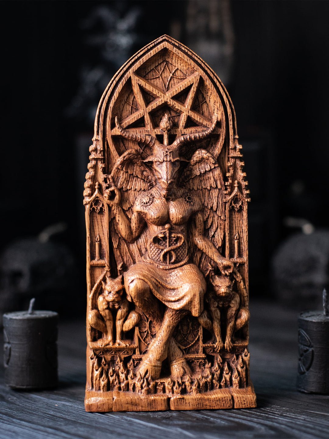 Figurine of Baphomet Deity - Symbol of Balance with Gothic Architecture
