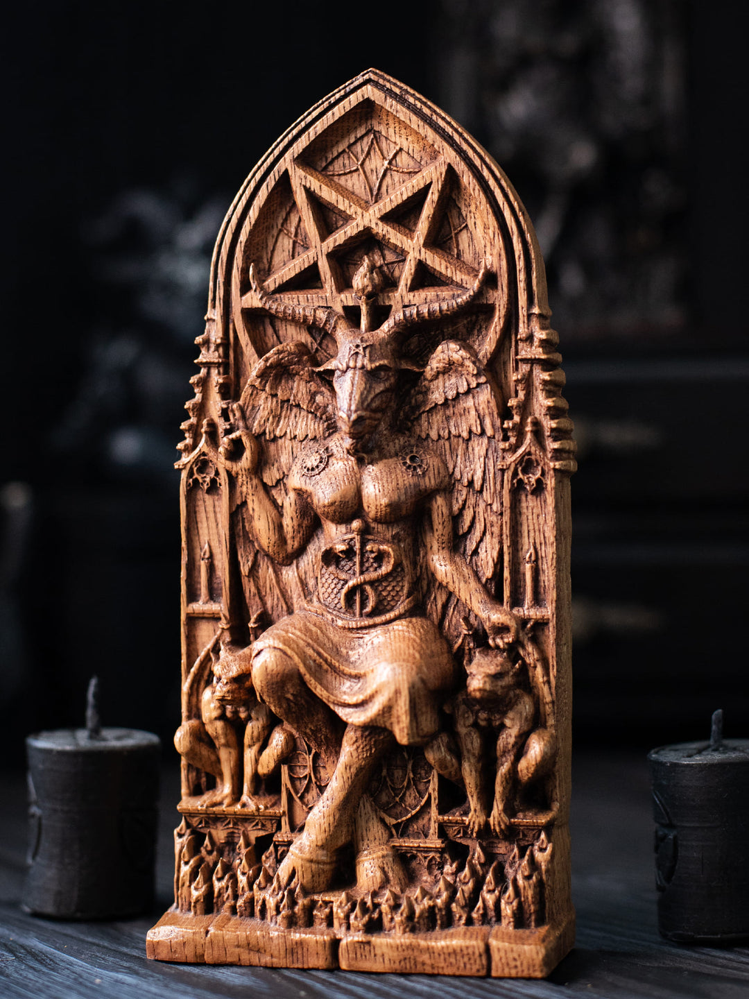 Figurine of Baphomet Deity - Symbol of Balance with Gothic Architecture