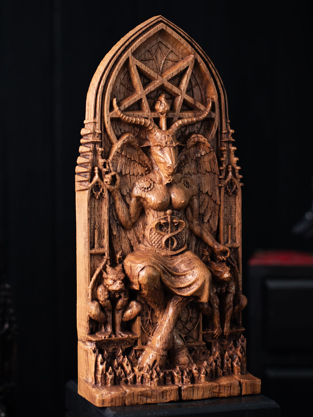 Figurine of Baphomet Deity - Symbol of Balance with Gothic Architecture