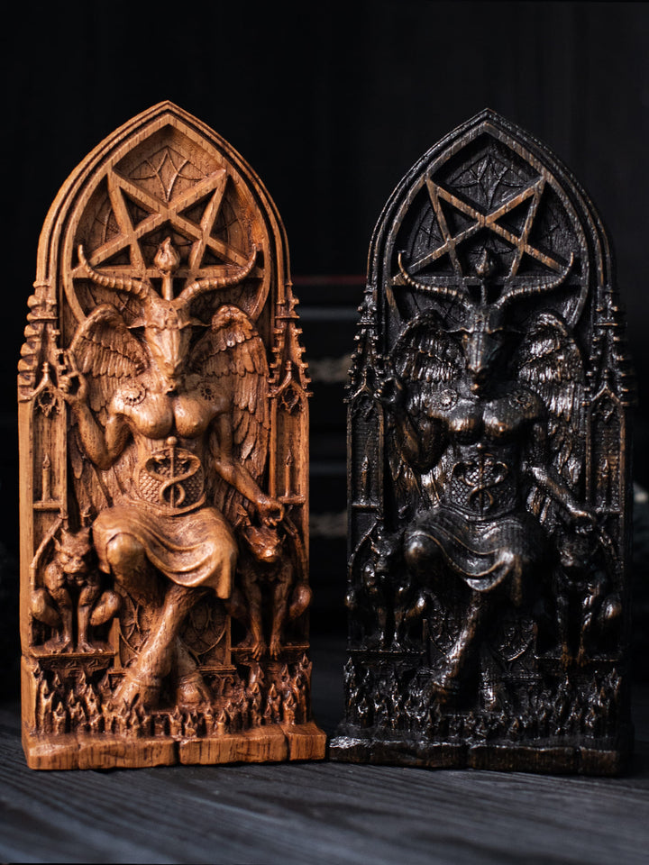 Figurine of Baphomet Deity - Symbol of Balance with Gothic Architecture