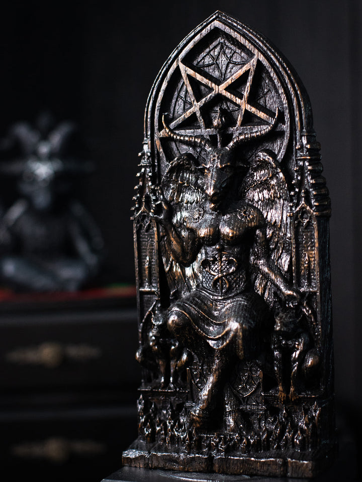 Figurine of Baphomet Deity - Symbol of Balance with Gothic Architecture