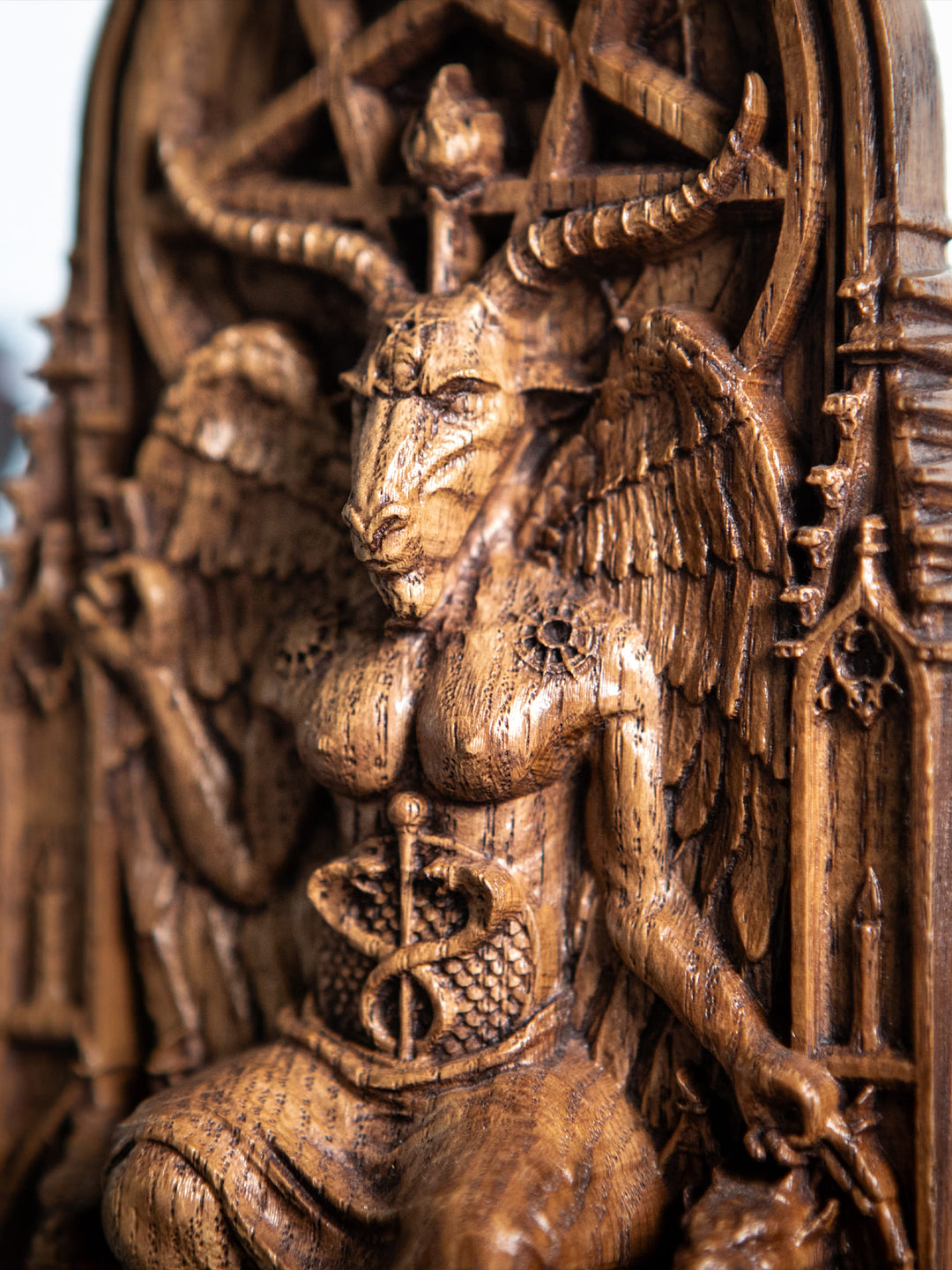 Figurine of Baphomet Deity - Symbol of Balance with Gothic Architecture