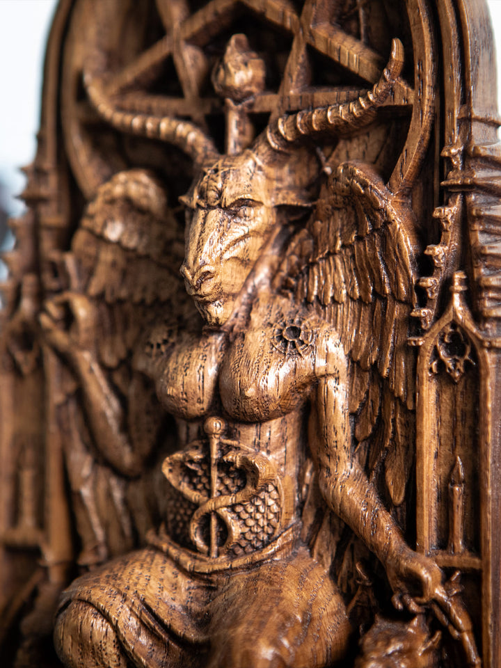 Figurine of Baphomet Deity - Symbol of Balance with Gothic Architecture