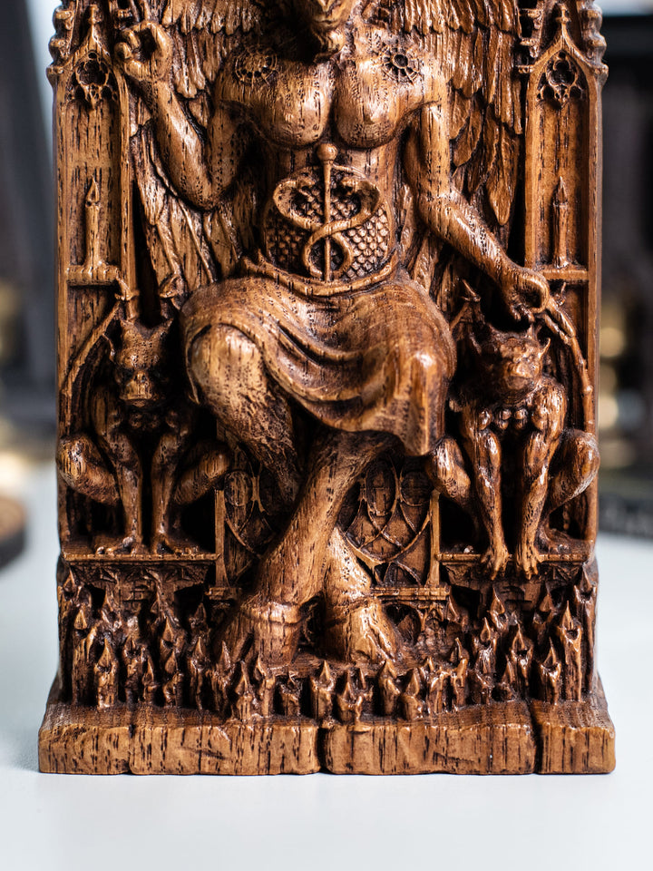 Figurine of Baphomet Deity - Symbol of Balance with Gothic Architecture