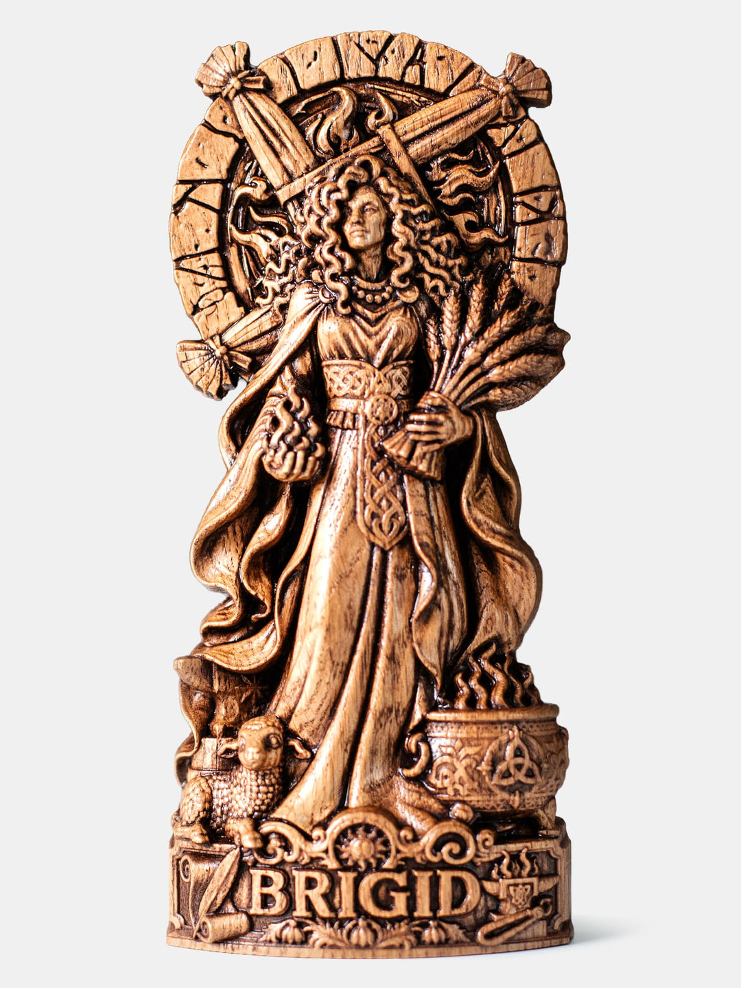 Brigid statue wooden wall hanging inspired by Irish mythology, Imbolc traditions and the Brigid Cross.