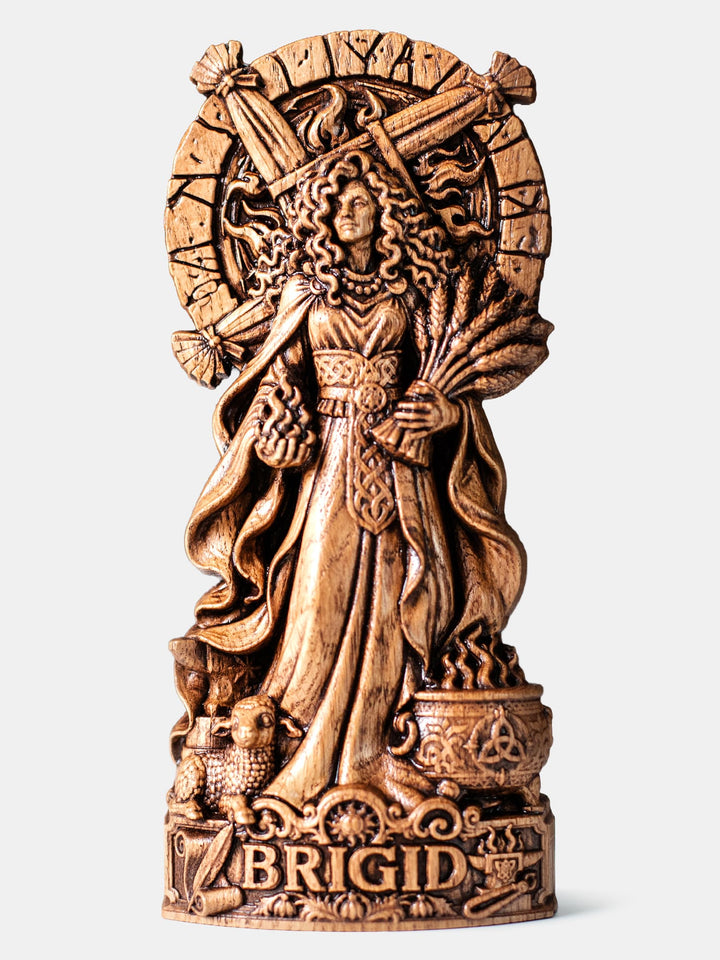 Brigid statue wooden wall hanging inspired by Irish mythology, Imbolc traditions and the Brigid Cross.