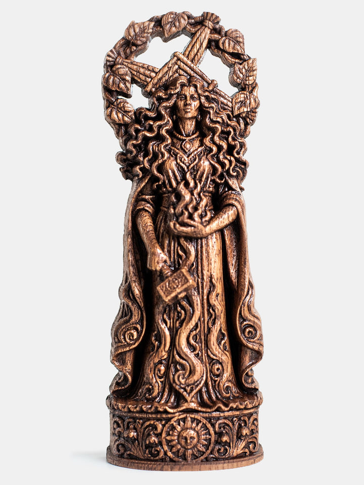 Hand carved Brigid Celtic goddess wooden statue for Wiccan altar, Irish mythology art, and spiritual decor.