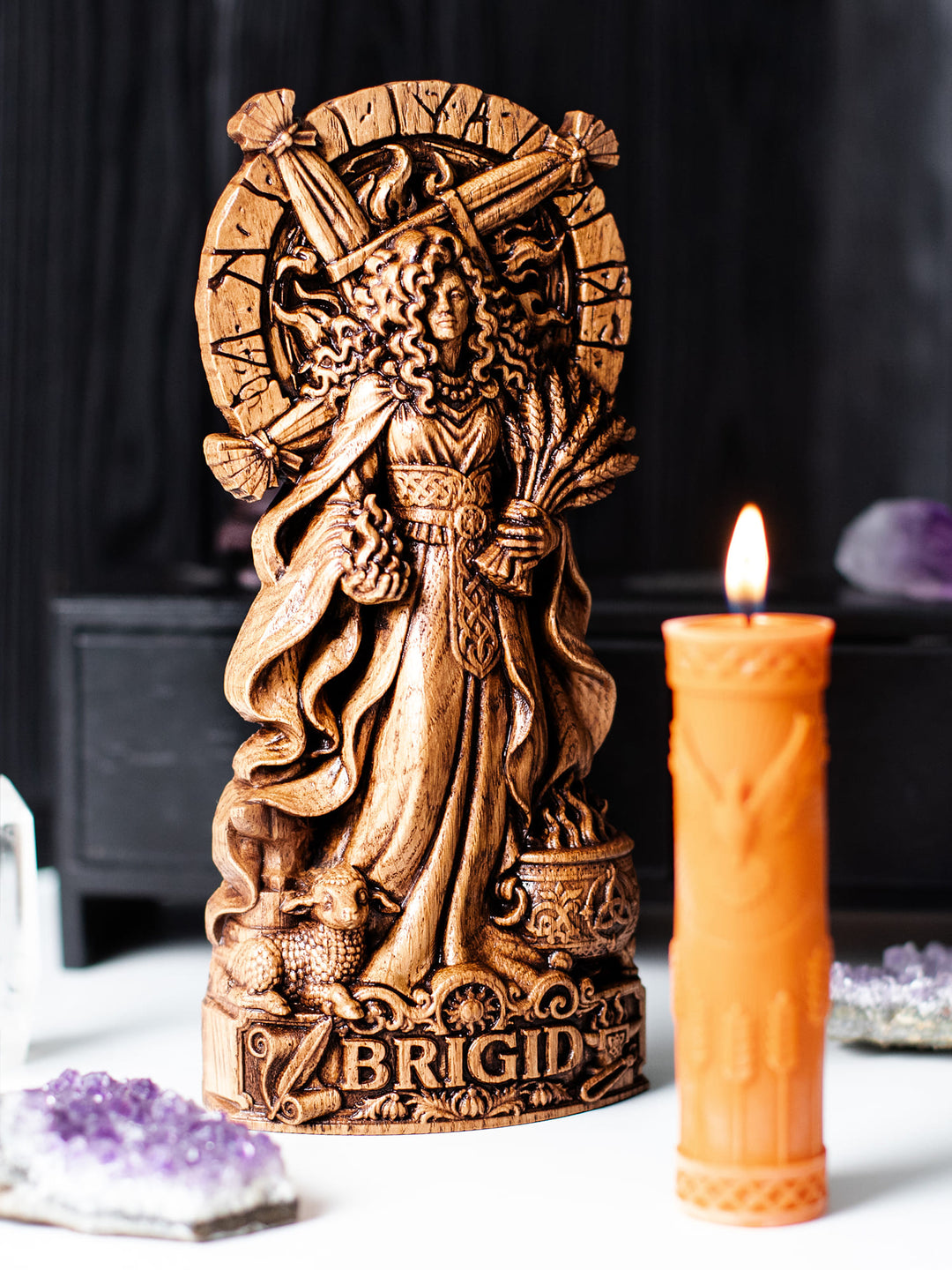 Brigid Statue Celtic Goddess – Imbolc and Brigid Cross Wood Carving
