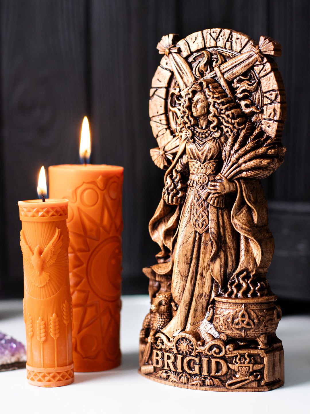 Brigid Statue Celtic Goddess – Imbolc and Brigid Cross Wood Carving