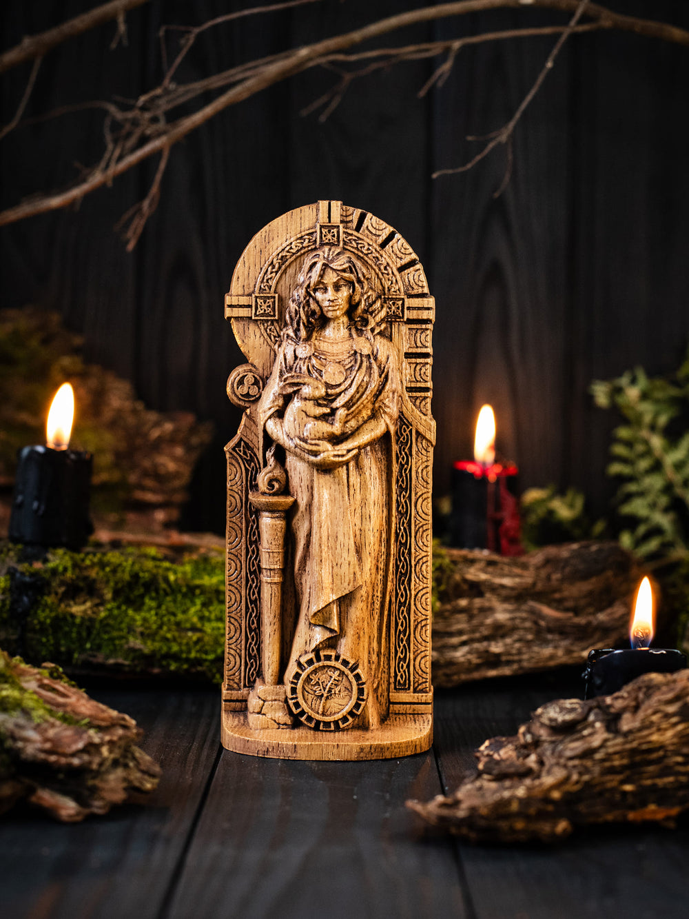 Detailed statue of Brigid the Healer, symbolizing fertility and healing powers.
