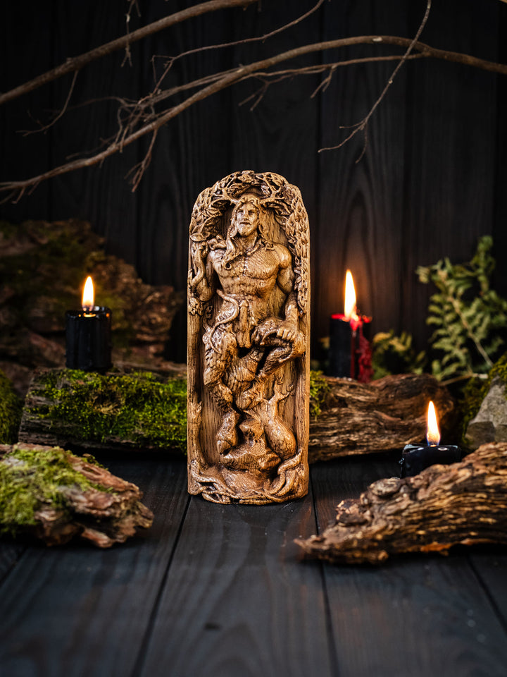 Full view of the Cernunnos statue from the front, highlighting its dimensions and intricate design.