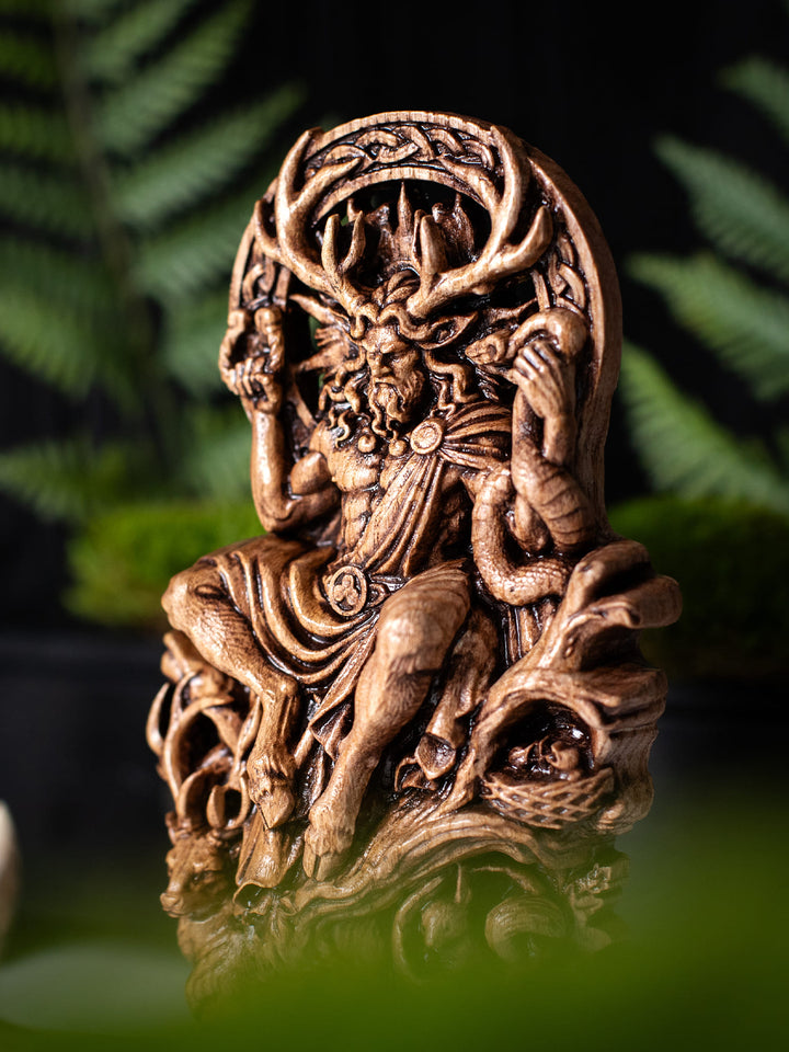 Cernunnos Horned God Statue, Wood Carving Fertility Idol