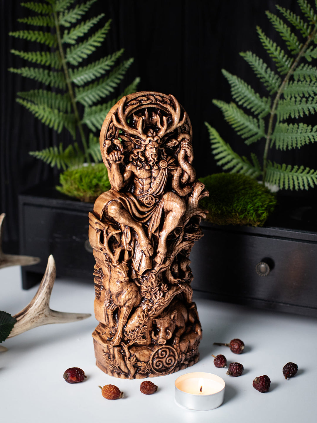Cernunnos Horned God Statue, Wood Carving Fertility Idol