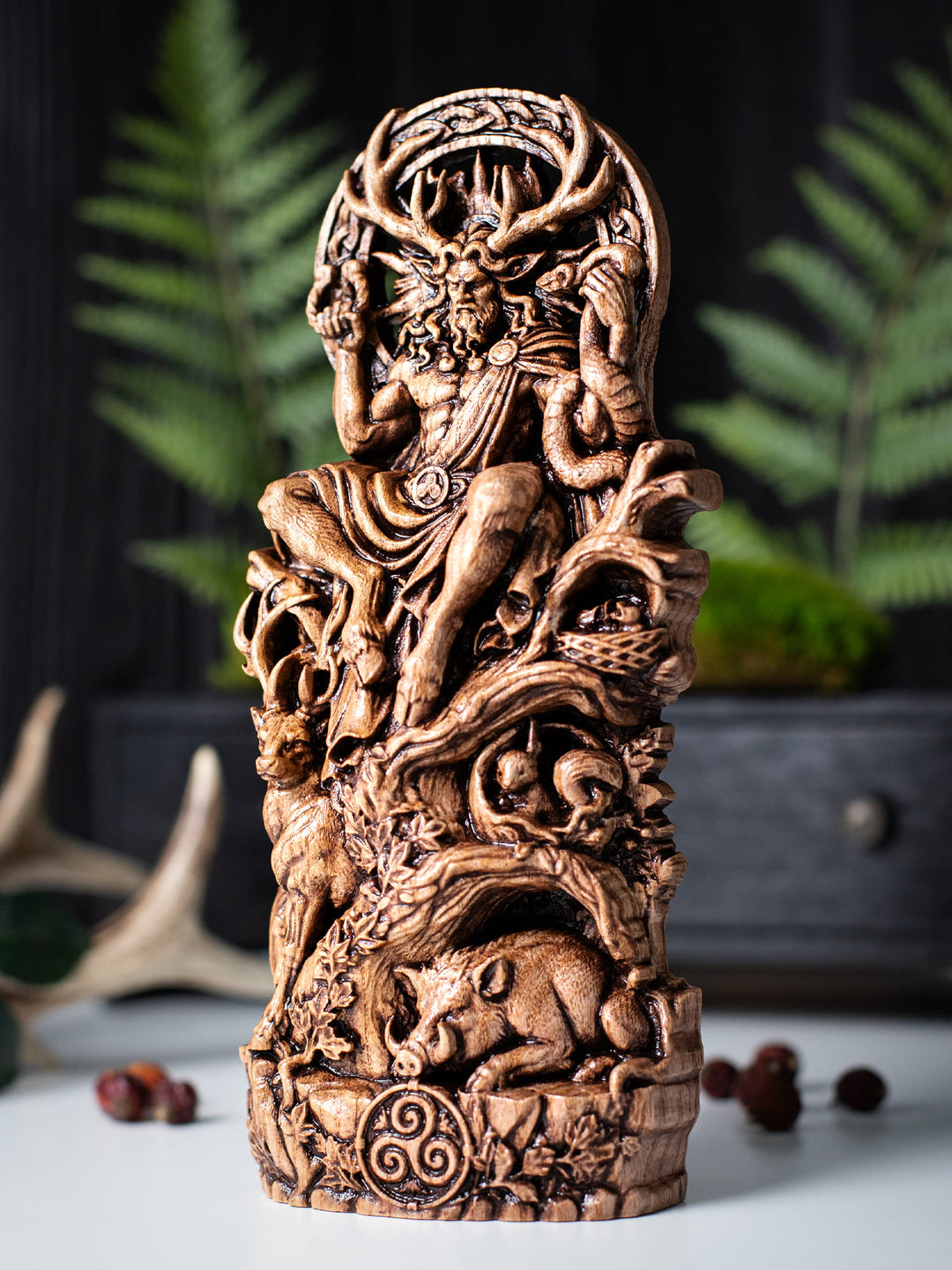 Cernunnos Horned God Statue, Wood Carving Fertility Idol