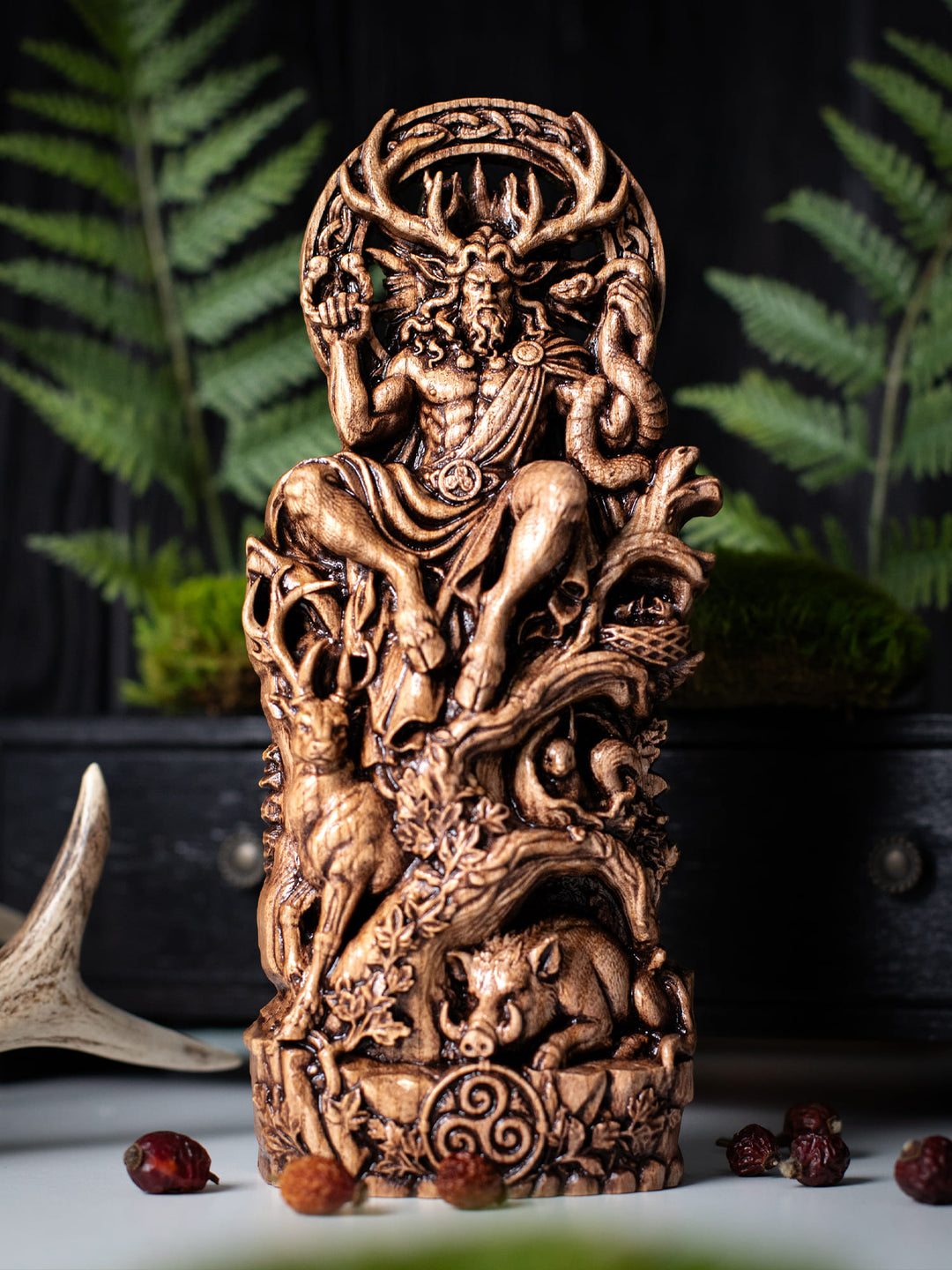 Handcrafted Cernunnos statue featuring antlers, fertility symbolism, Wiccan altar decor and witchcraft traditions