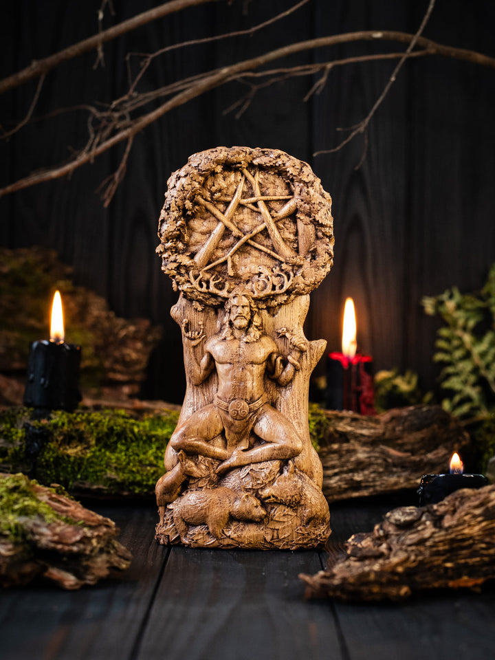 Full view of the Cernunnos statue from the front, highlighting its dimensions and intricate design, featuring forest animals and a Celtic five-pointed star formed by branches.