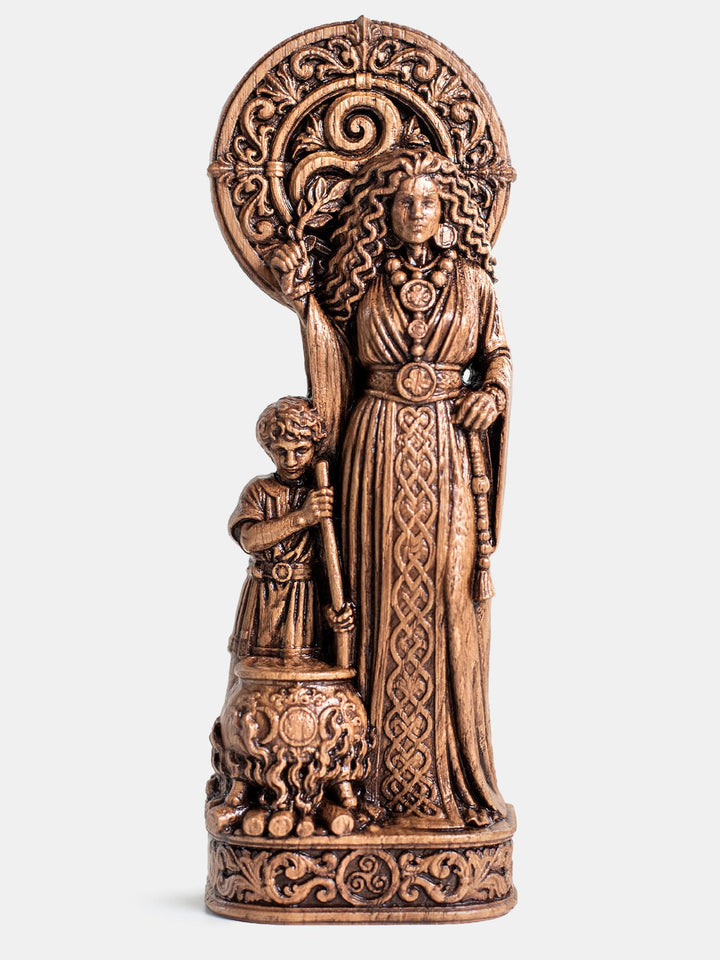Hand carved Cerridwen goddess wooden statue for Wiccan altar, witchcraft practice, and Celtic mythology decor.