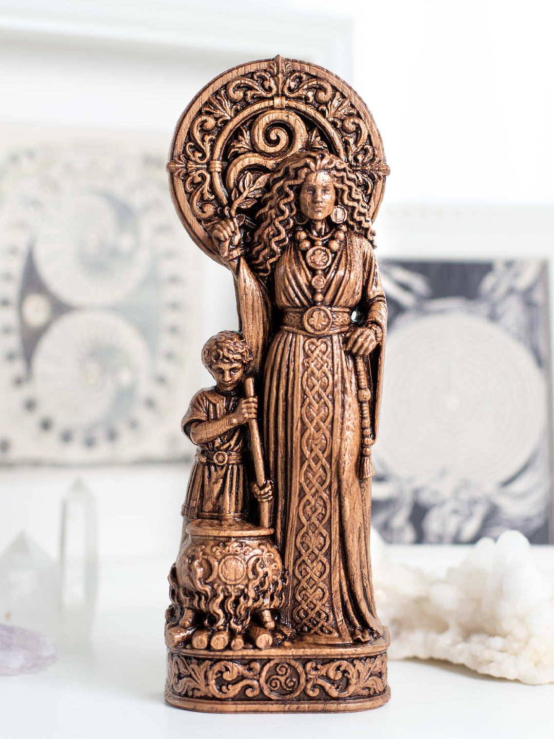 Handmade oak wood Cerridwen statue with antique patina inspired by Welsh mythology, pagan decor, and witchy gifts.